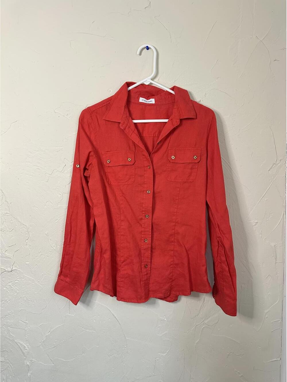 Calvin Klein linen Red Button-Up Long Sleeve Shirt size small